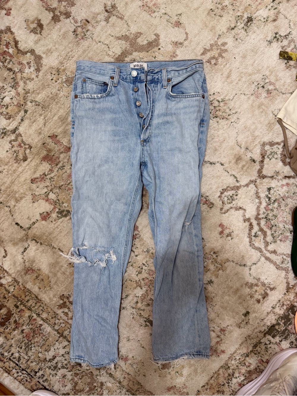 Agolde Light Blue Straight Leg Jeans with Knee Distress